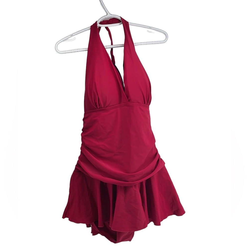 Sea & Sand Beachwear tummy control swimsuit bathing suit halter style Red sz 24W